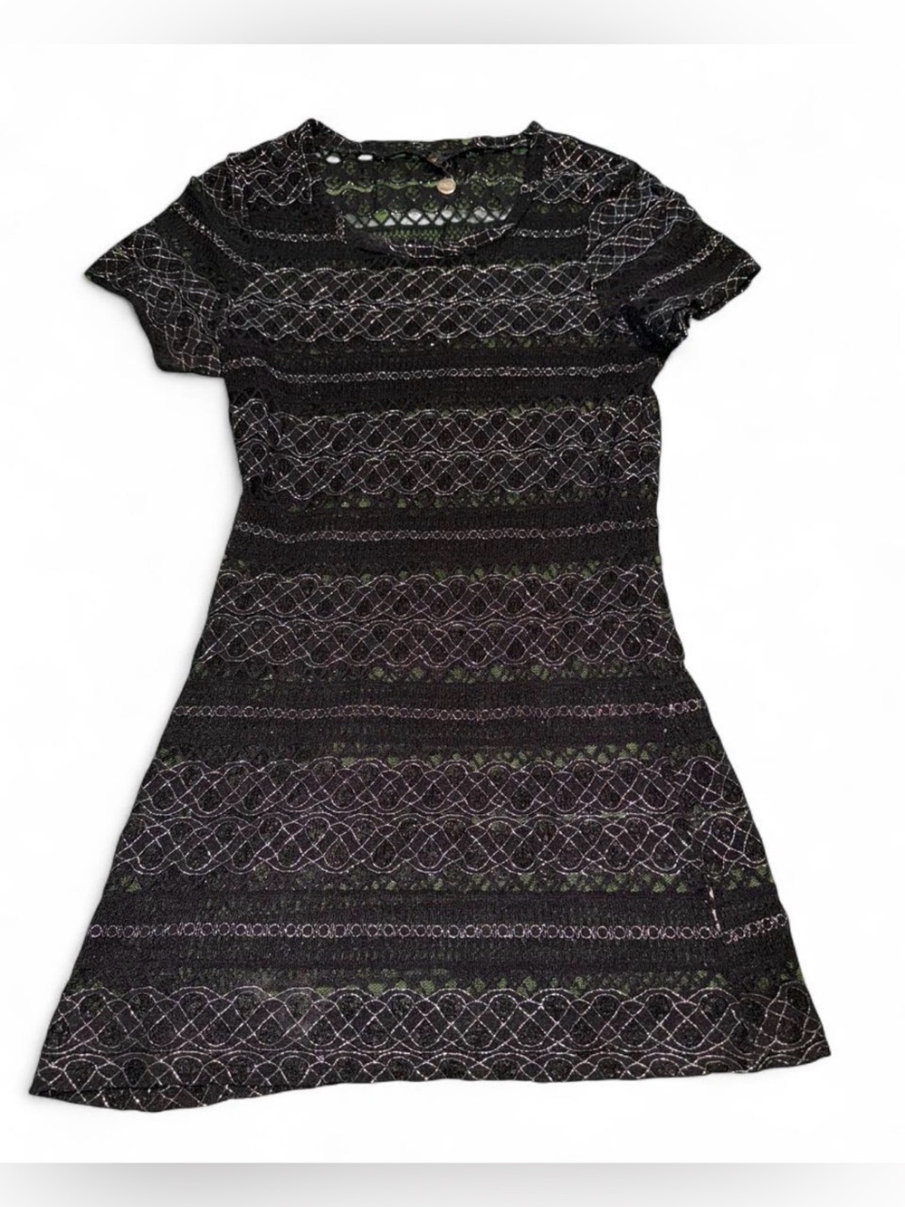 Y2K BKE sheer Black lace baby tee with silver geometric patterns